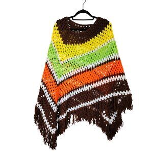 70s Vibe Poncho Boho featuring stripes Fringe One size